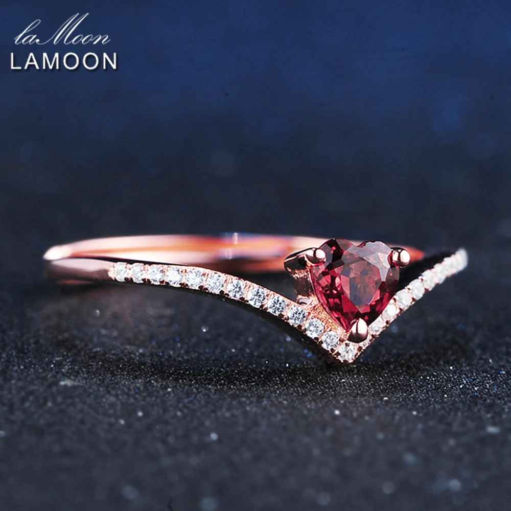 LAMOON - 4mm 0.3 ct Přírodní Srdce cut Red Garnet Prsten 925 Sterling Silver Šperky Romantické Svatební Kapela LMRI003 1