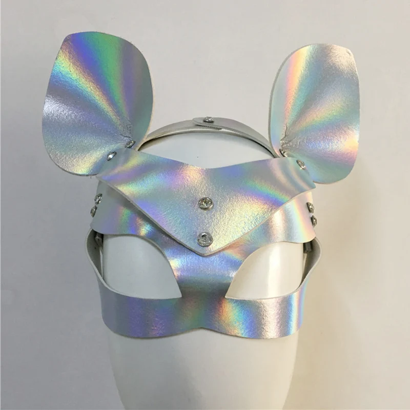 Laserové Holografické Maska PU Umělé Kůže Nastavitelný Pás Nýt vydlabat Patchwork Masky S Dvěma Ušima Rave Festival Elegantní Maska 2