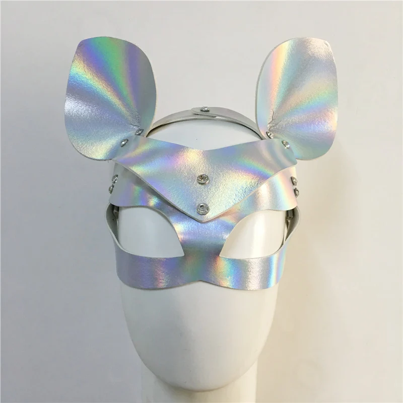 Laserové Holografické Maska PU Umělé Kůže Nastavitelný Pás Nýt vydlabat Patchwork Masky S Dvěma Ušima Rave Festival Elegantní Maska 5