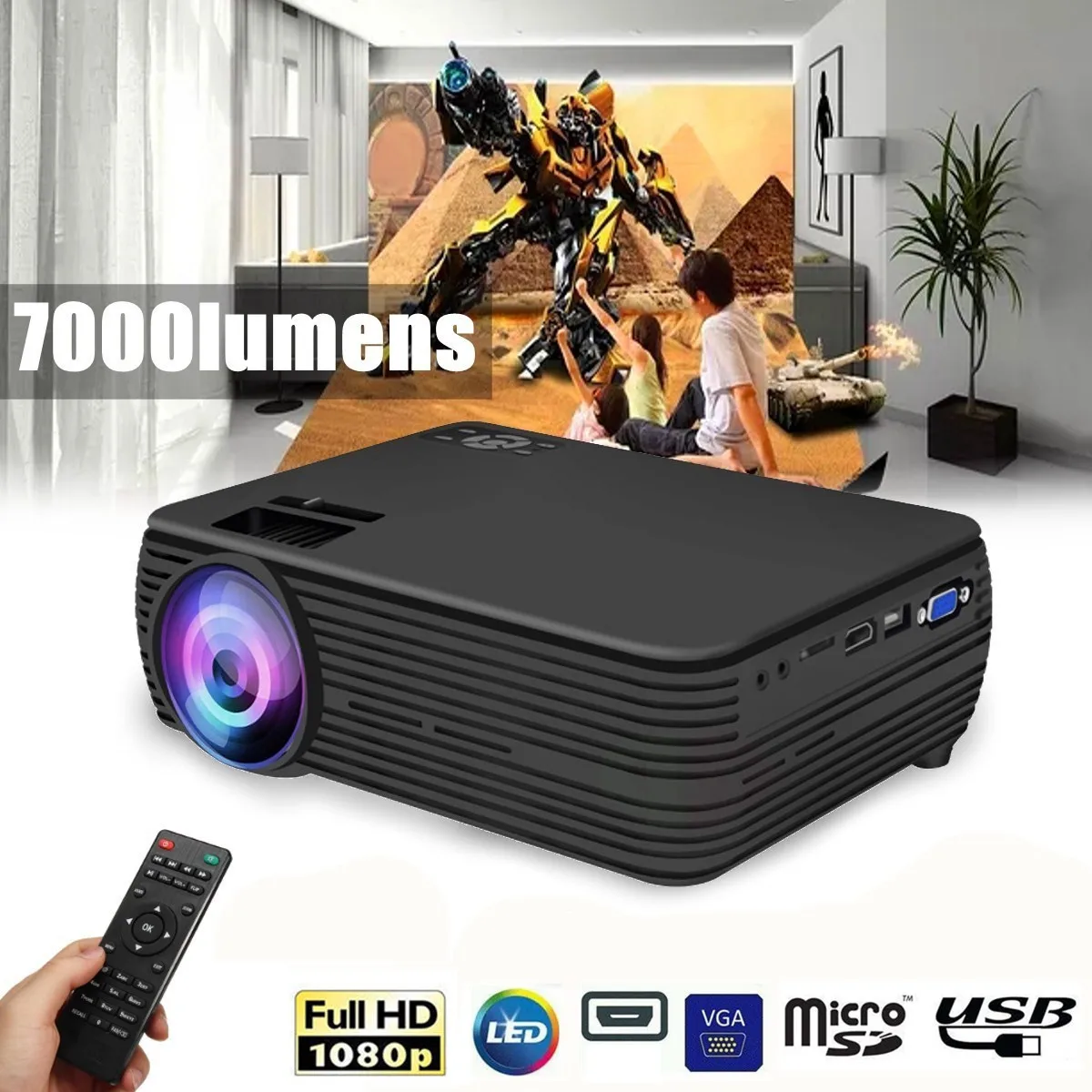 LCD Projektor 7000 Lumenů, Podporu rozlišení 1080p HD Multimediální Domácí Kino Smart Domácí Kino LED Proyector HDMI, VGA, AV, SD, USB Sršeň 4