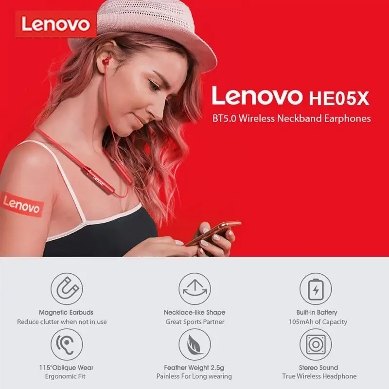 Lenovo HE05X Bluetooth5.0 Bezdrátový Headset Vodotěsná Sportovní Sluchátka s potlačení Hluku Mikrofonu Magnetický pásek na Krk Sluchátka 3
