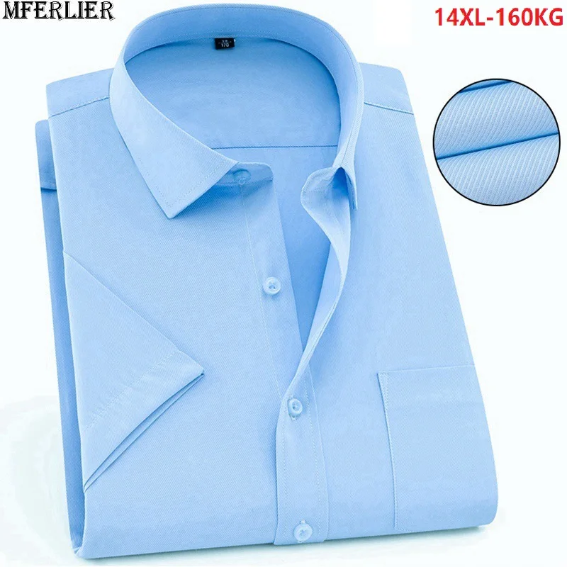 Letní modrá košile muži big plus velikost velká délka 8XL formální krátký rukáv jednoduché tričko office volné volné košile 10XL 12XL 140KG 56 3