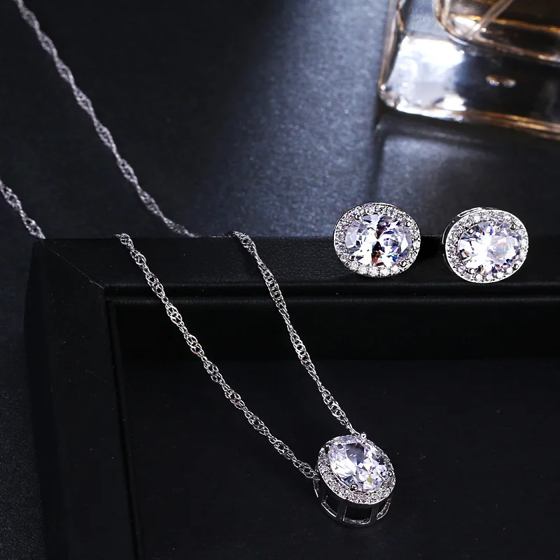 Luxury Female Crystal Necklace Stud Earrings Jewelry Set Vintage Small Oval Zircon Stone Wedding Jewelry Set 0