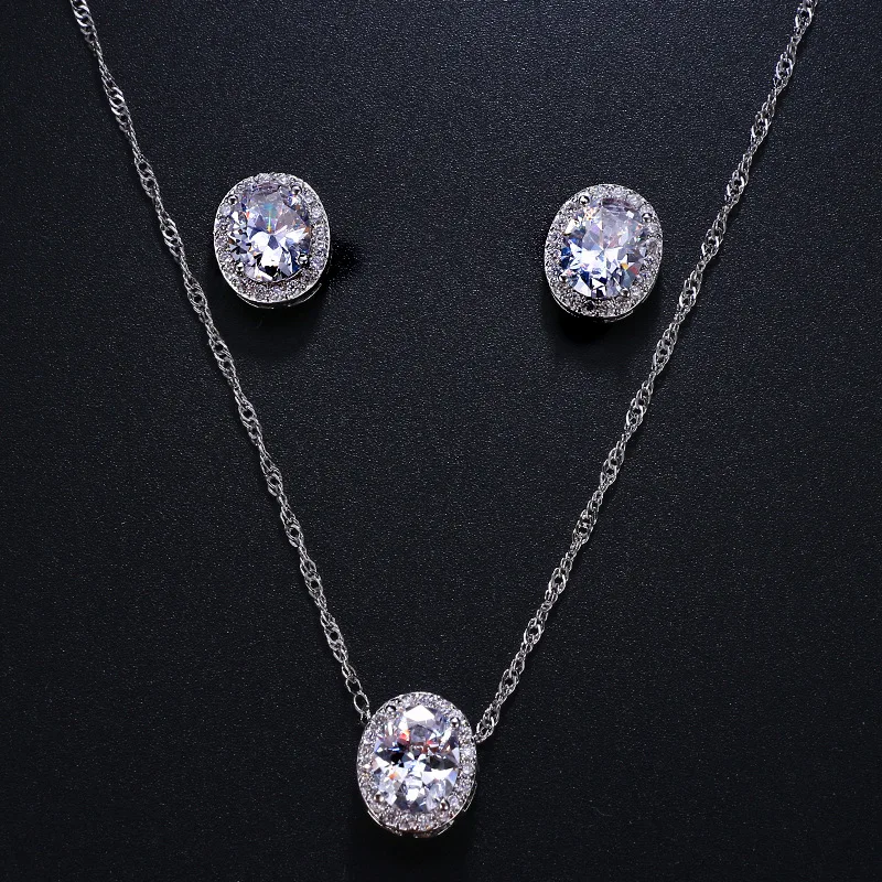 Luxury Female Crystal Necklace Stud Earrings Jewelry Set Vintage Small Oval Zircon Stone Wedding Jewelry Set 2