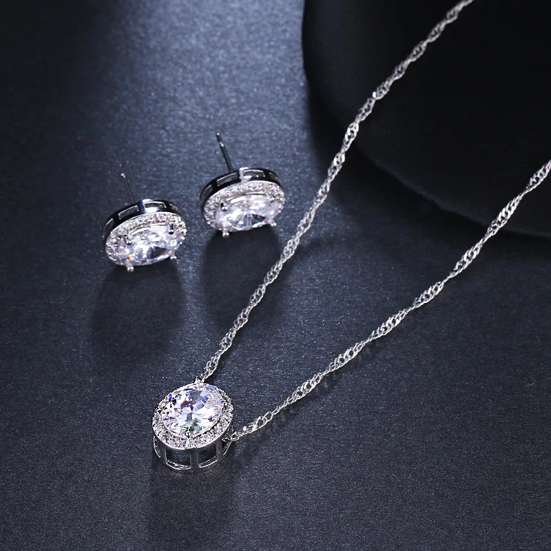 Luxury Female Crystal Necklace Stud Earrings Jewelry Set Vintage Small Oval Zircon Stone Wedding Jewelry Set 3