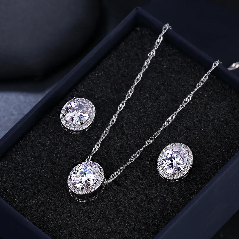 Luxury Female Crystal Necklace Stud Earrings Jewelry Set Vintage Small Oval Zircon Stone Wedding Jewelry Set 4