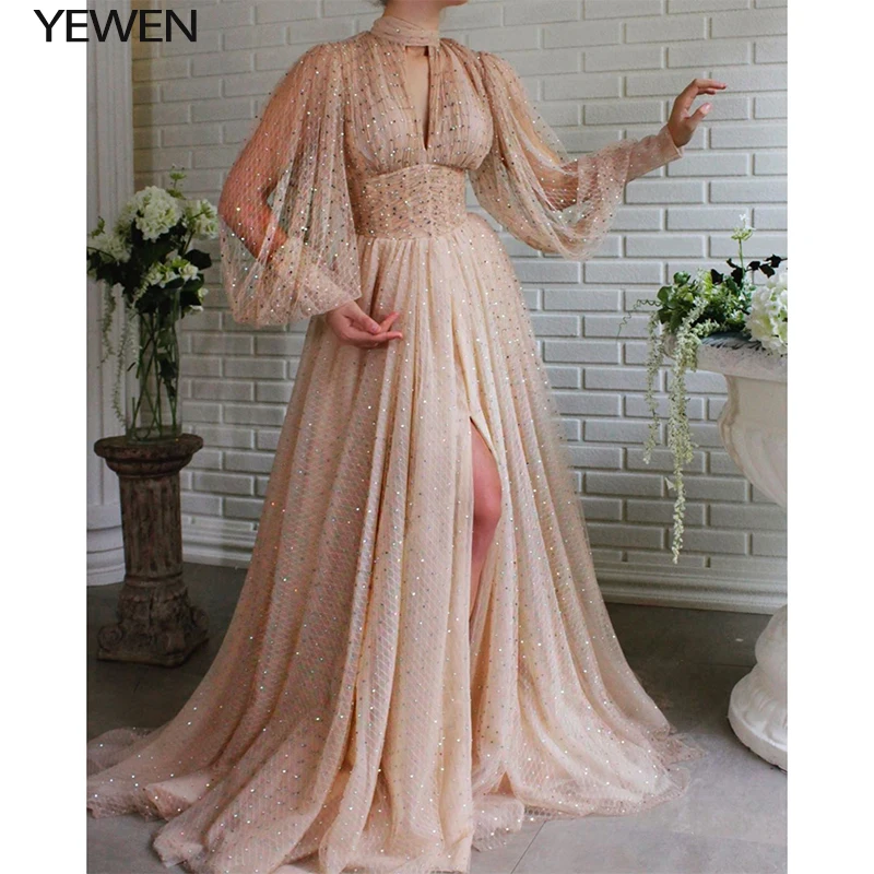 Luxusní Design Gold V-Neck Večerní Šaty Dlouhé 2020 Zdobený Crystal Dlouhý Rukáv Split-Line Večerní Šaty YEWEN 0