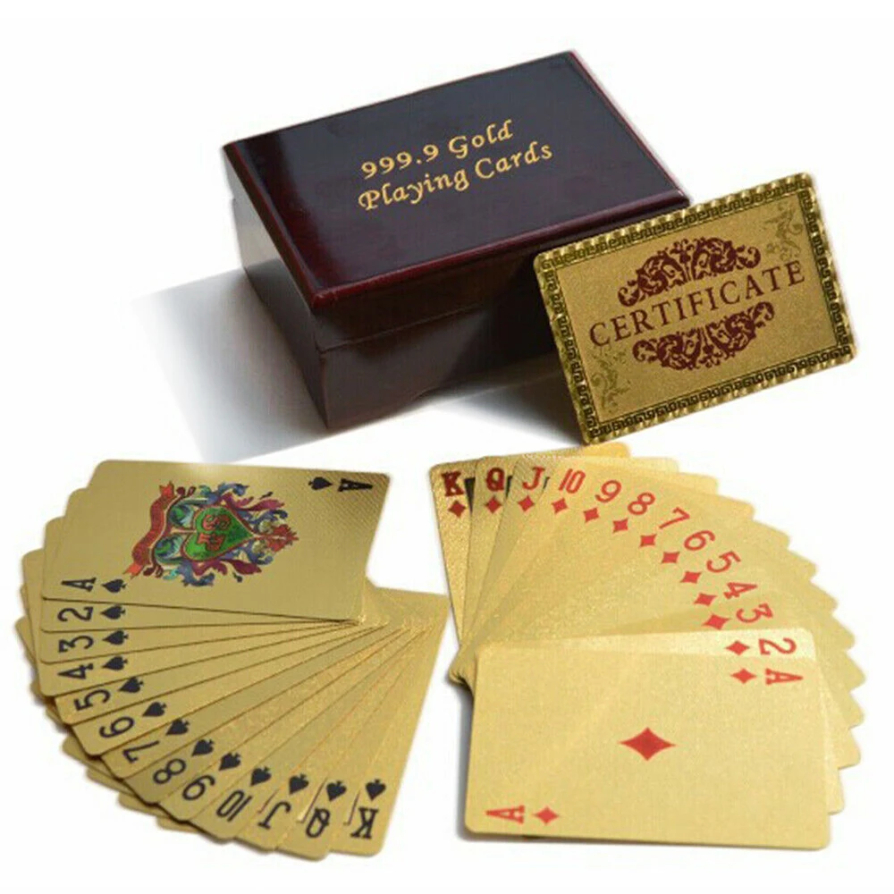 Luxusní Módní 24K Gold Fólie Poker Hrací Karty Paluby Á Karta Pěkné Dřevěné Krabici 11x9x4cm Dropshipping 4
