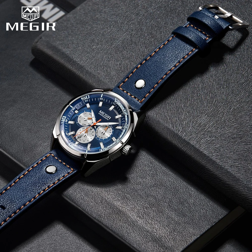 MEGIR Módní Pánské Hodinky Quartz Náramkové hodinky Muži Luxusní Hodinky 24-hodinové časování,Kalendář,týden displej, Hodiny Relogio Masculino 5