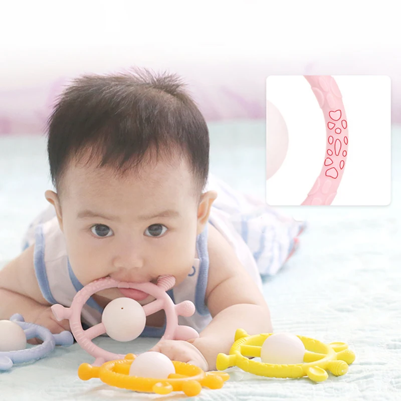 Modrá/růžová/žlutá Dětské kreslené rukou uchopit chrastítko teether hračka baby kousací silikonové kousátko silikonové kousací hračky pro dítě bezpečný 4