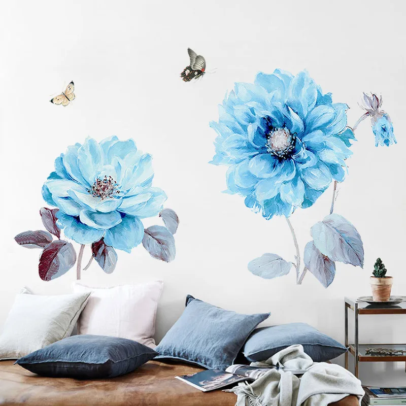 Modré Květy Motýl Samolepky na Zeď Home Dekor Zeď Umění Obtisky Nástěnné Umění pro Obývací Pokoj Ložnice Dekorace 1