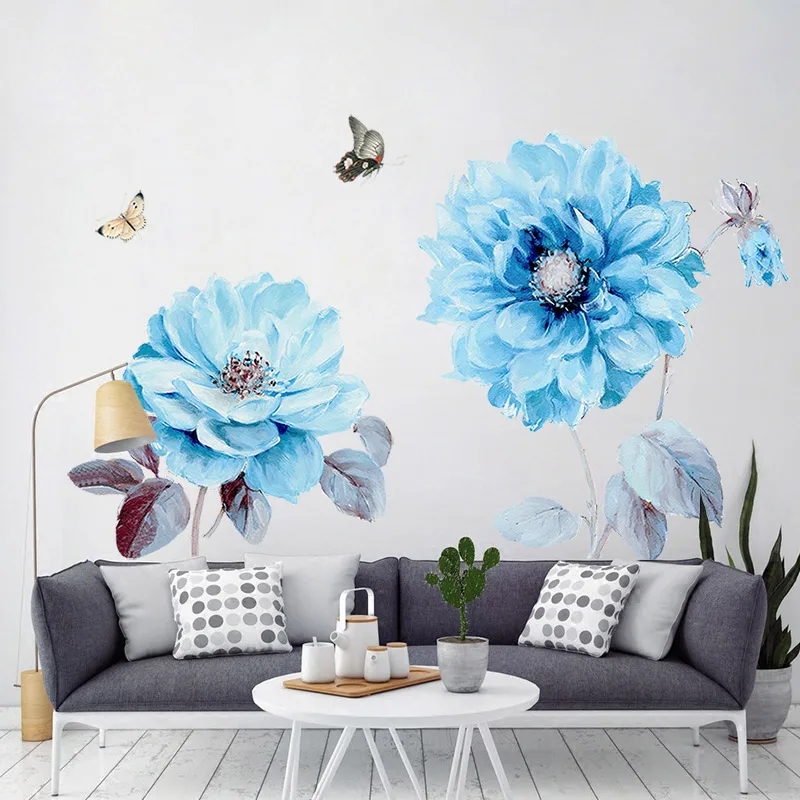 Modré Květy Motýl Samolepky na Zeď Home Dekor Zeď Umění Obtisky Nástěnné Umění pro Obývací Pokoj Ložnice Dekorace 3