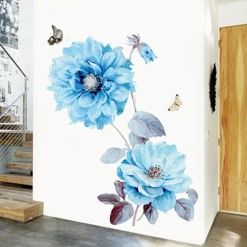 Modré Květy Motýl Samolepky na Zeď Home Dekor Zeď Umění Obtisky Nástěnné Umění pro Obývací Pokoj Ložnice Dekorace 4