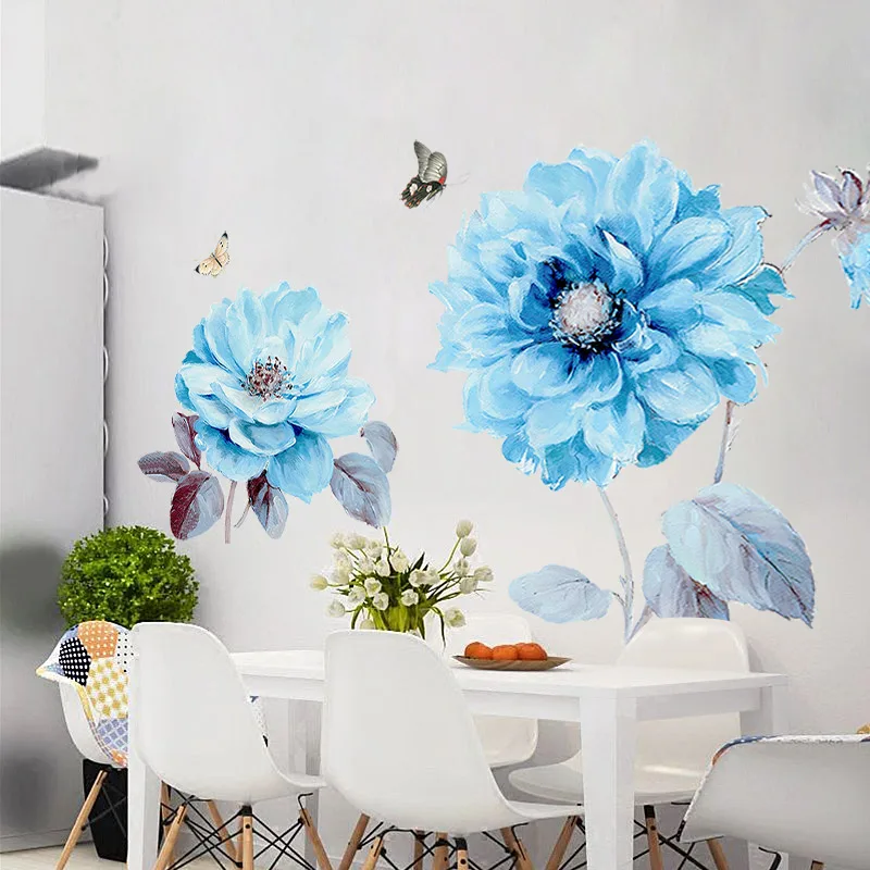 Modré Květy Motýl Samolepky na Zeď Home Dekor Zeď Umění Obtisky Nástěnné Umění pro Obývací Pokoj Ložnice Dekorace 5