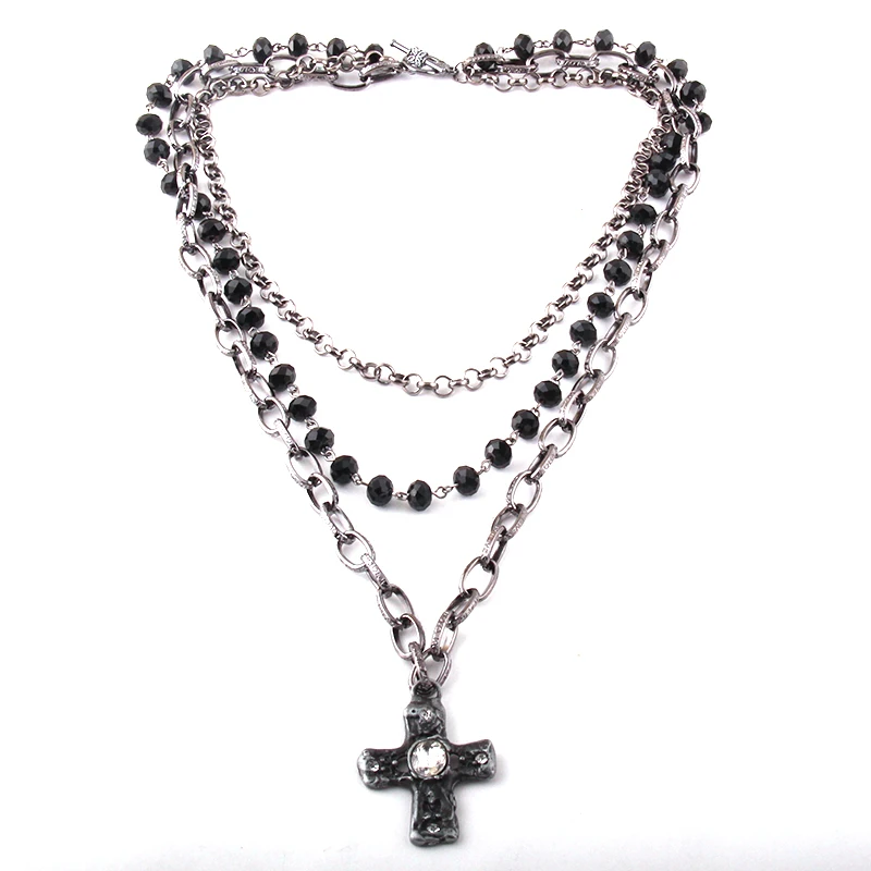 Módní Bohemian Tribal Šperky 3 Vrstvy Více Černé Sklo Crystal Růženec Link & Řetězce, Kříž Přívěsek Náhrdelníky 0
