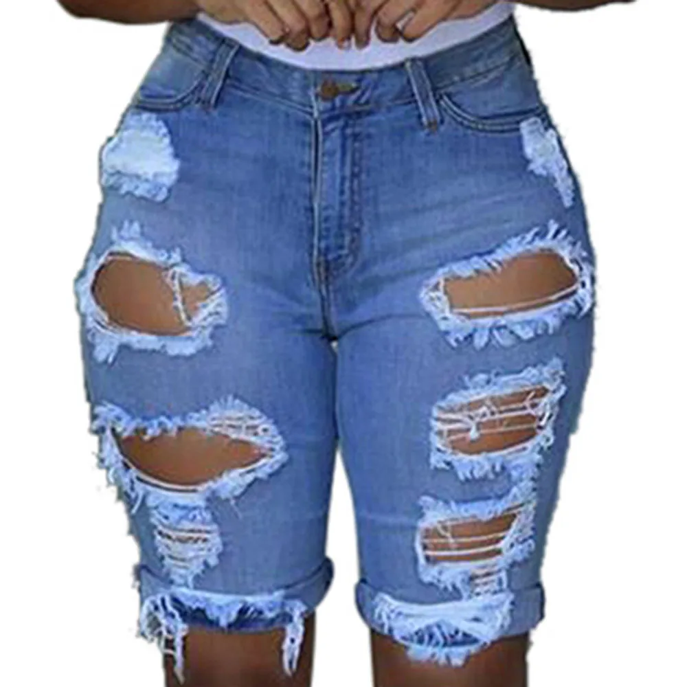 Módní Džíny Kalhoty Ženy Nízkým Pasem Elastický Zničil Díry Roztřepené Legíny джинсы Plus Velikost Džínové Šortky Koleno Roztrhl Kalhoty 5