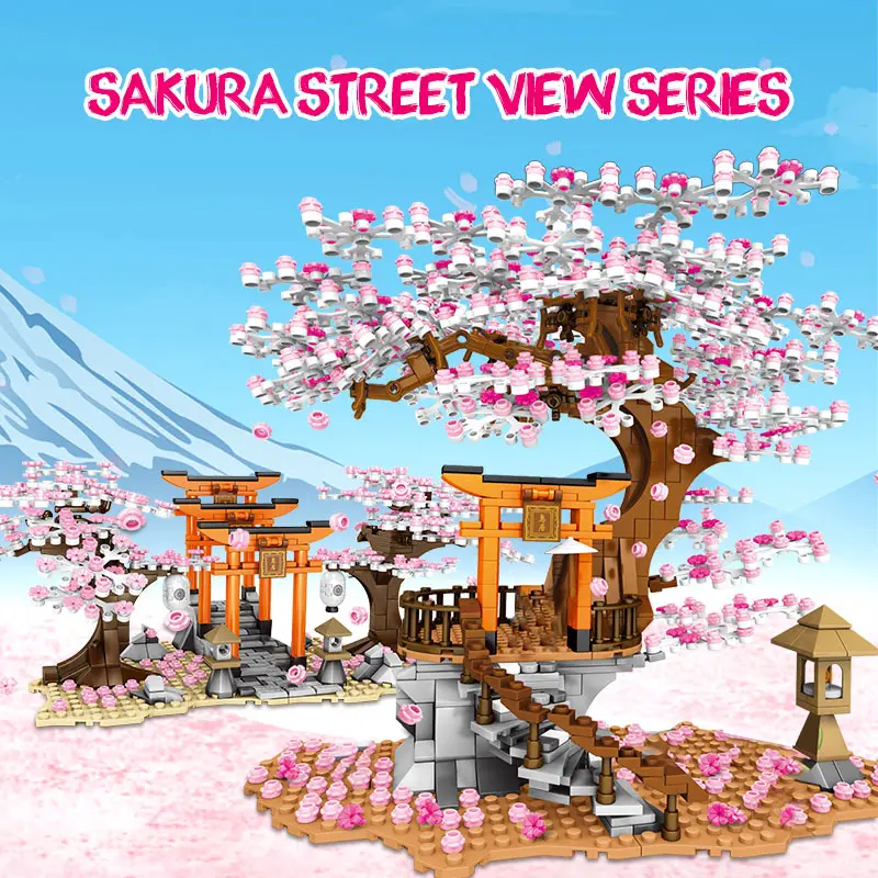 Město Street View Nápad Sakura Inari Svatyně Cihly Přátelé Cherry Blossom Technic, Creator Dům, Strom, Stavební Bloky ToysFor Děti 4