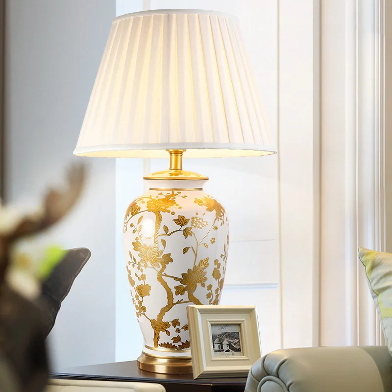 Měď stolní lampy Americký styl pro obývací pokoj Jingdezhen keramické luxusní lampa Ložnice noční lampičky zdobené led lampy 1