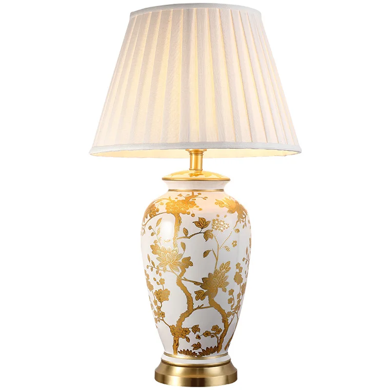 Měď stolní lampy Americký styl pro obývací pokoj Jingdezhen keramické luxusní lampa Ložnice noční lampičky zdobené led lampy 3