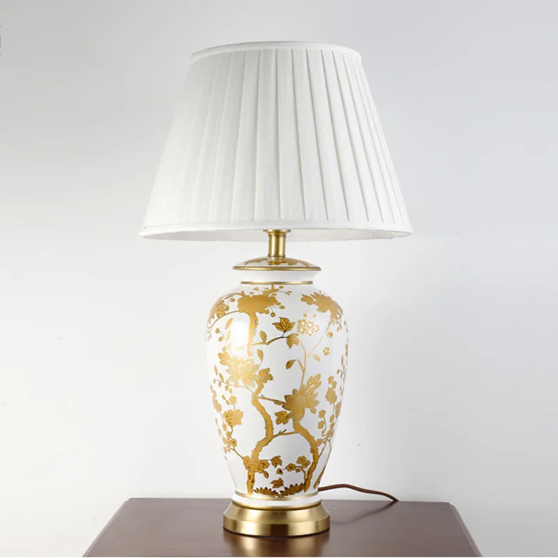 Měď stolní lampy Americký styl pro obývací pokoj Jingdezhen keramické luxusní lampa Ložnice noční lampičky zdobené led lampy 5