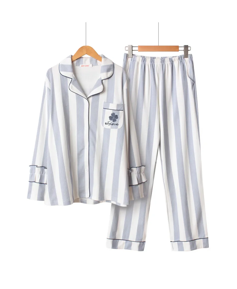 Na jaře Nové Bavlněné oblečení na Spaní Dlouhý Rukáv Pyžama pro Ženy Volné Vertikální Pruh Výšivky Jetel Tisku Pyžamo Růžové Pijama 0
