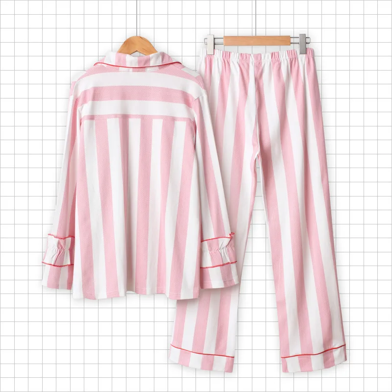 Na jaře Nové Bavlněné oblečení na Spaní Dlouhý Rukáv Pyžama pro Ženy Volné Vertikální Pruh Výšivky Jetel Tisku Pyžamo Růžové Pijama 1