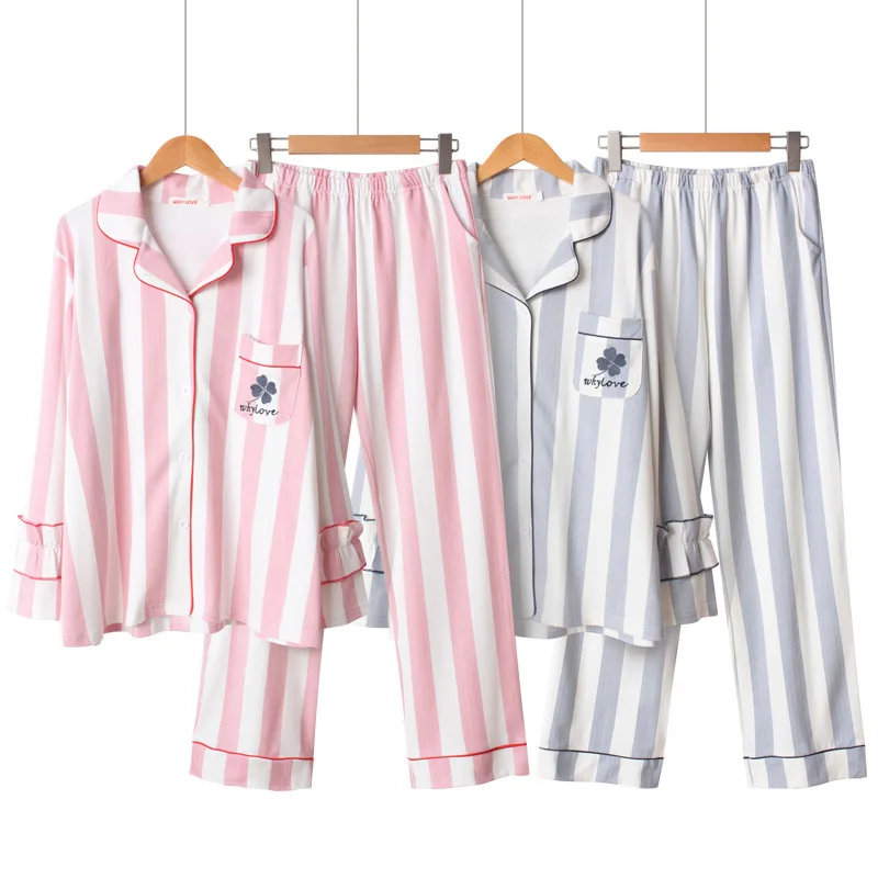 Na jaře Nové Bavlněné oblečení na Spaní Dlouhý Rukáv Pyžama pro Ženy Volné Vertikální Pruh Výšivky Jetel Tisku Pyžamo Růžové Pijama 2