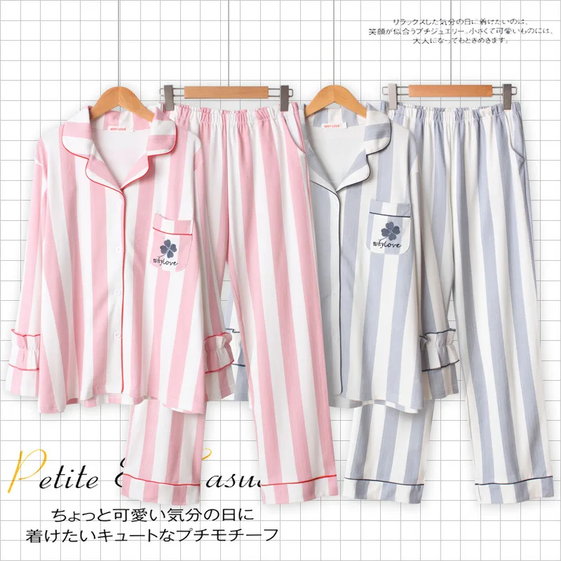 Na jaře Nové Bavlněné oblečení na Spaní Dlouhý Rukáv Pyžama pro Ženy Volné Vertikální Pruh Výšivky Jetel Tisku Pyžamo Růžové Pijama 5