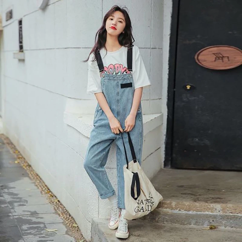 Na podzim roku 2020 módní korejský styl kombinéza vysokým pasem džínové kalhoty rovné volné holčičí ležérní velké kapsy kombinézy jsou tenké 1
