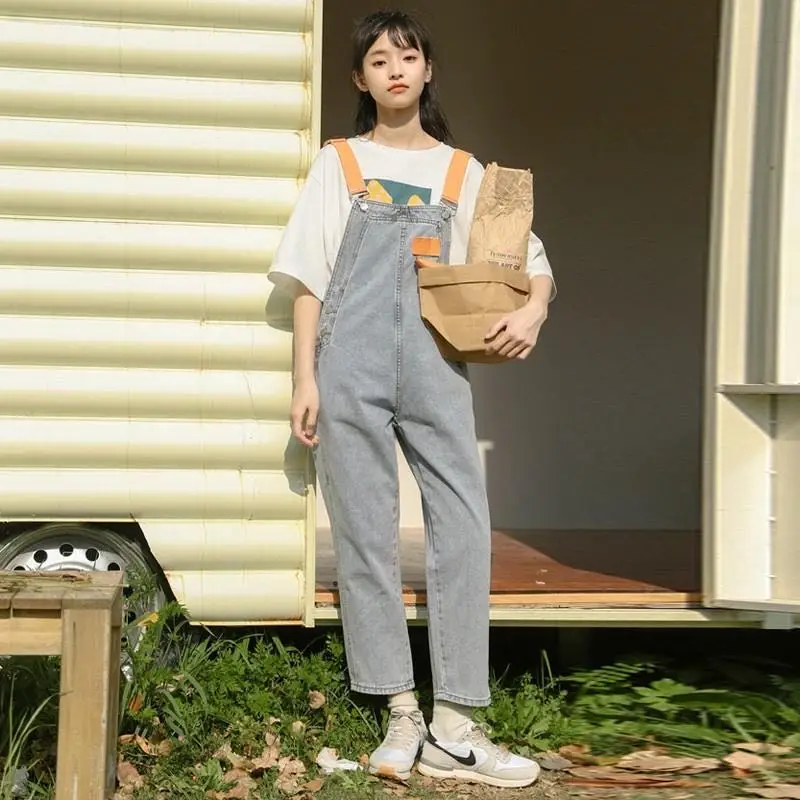 Na podzim roku 2020 módní korejský styl kombinéza vysokým pasem džínové kalhoty rovné volné holčičí ležérní velké kapsy kombinézy jsou tenké 5
