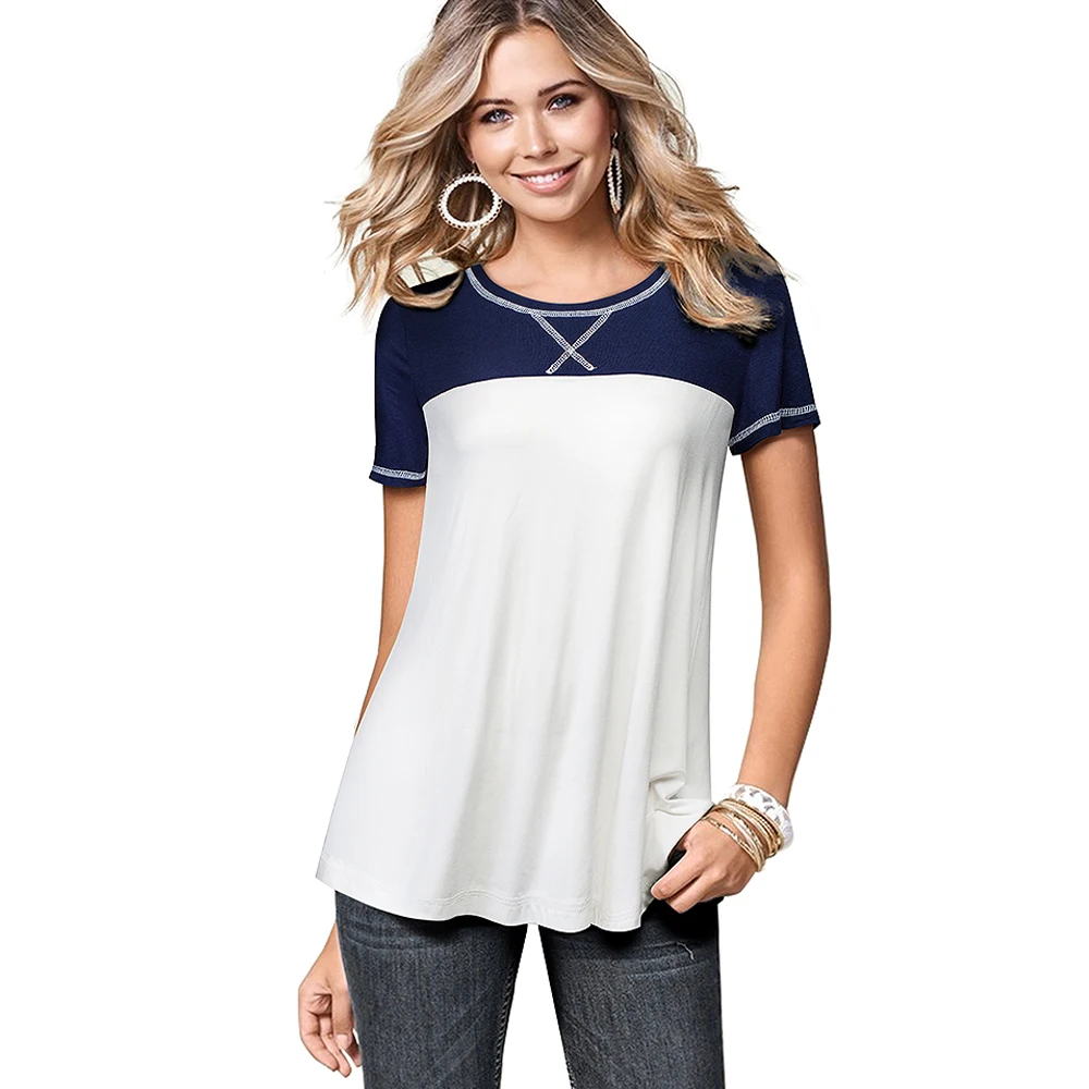 Nice-navždy Letní Elegantní Kontrast Barva Patchwork T-košile Ležérní Ženy Volná Trička topy T049 0