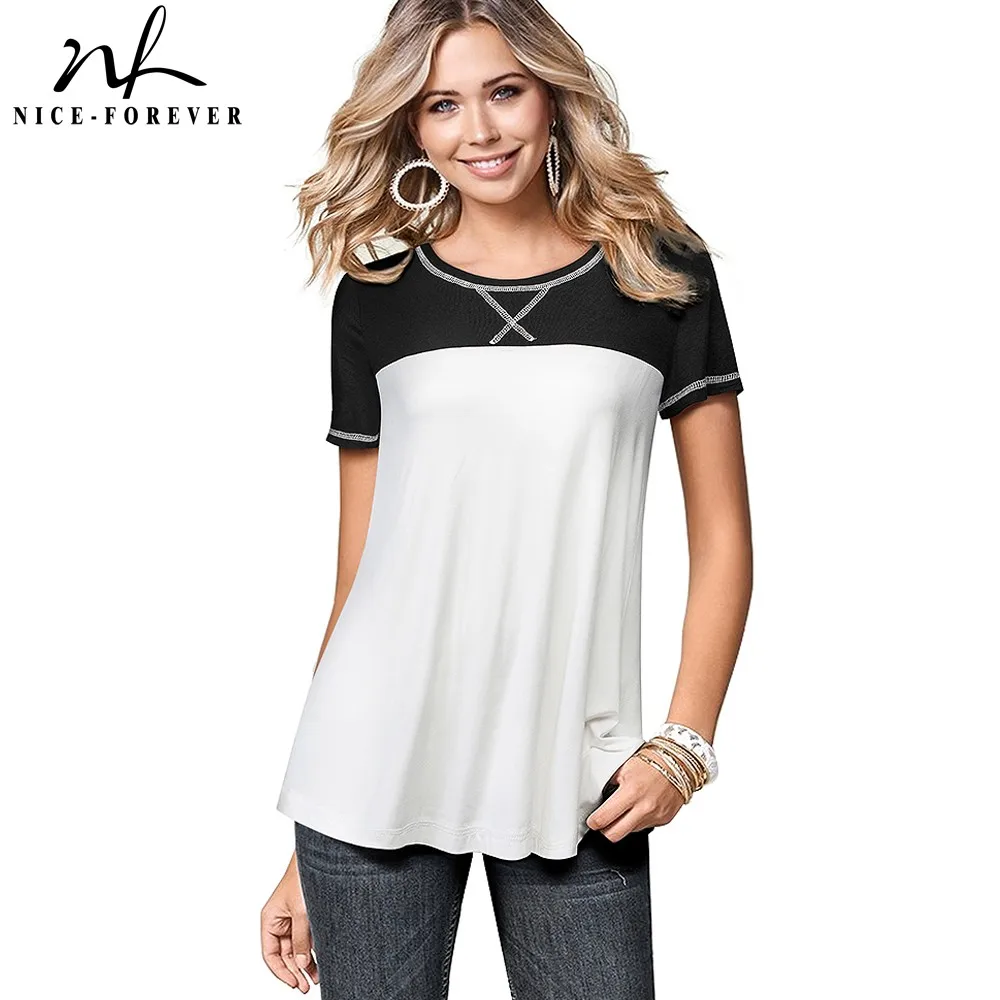 Nice-navždy Letní Elegantní Kontrast Barva Patchwork T-košile Ležérní Ženy Volná Trička topy T049 2
