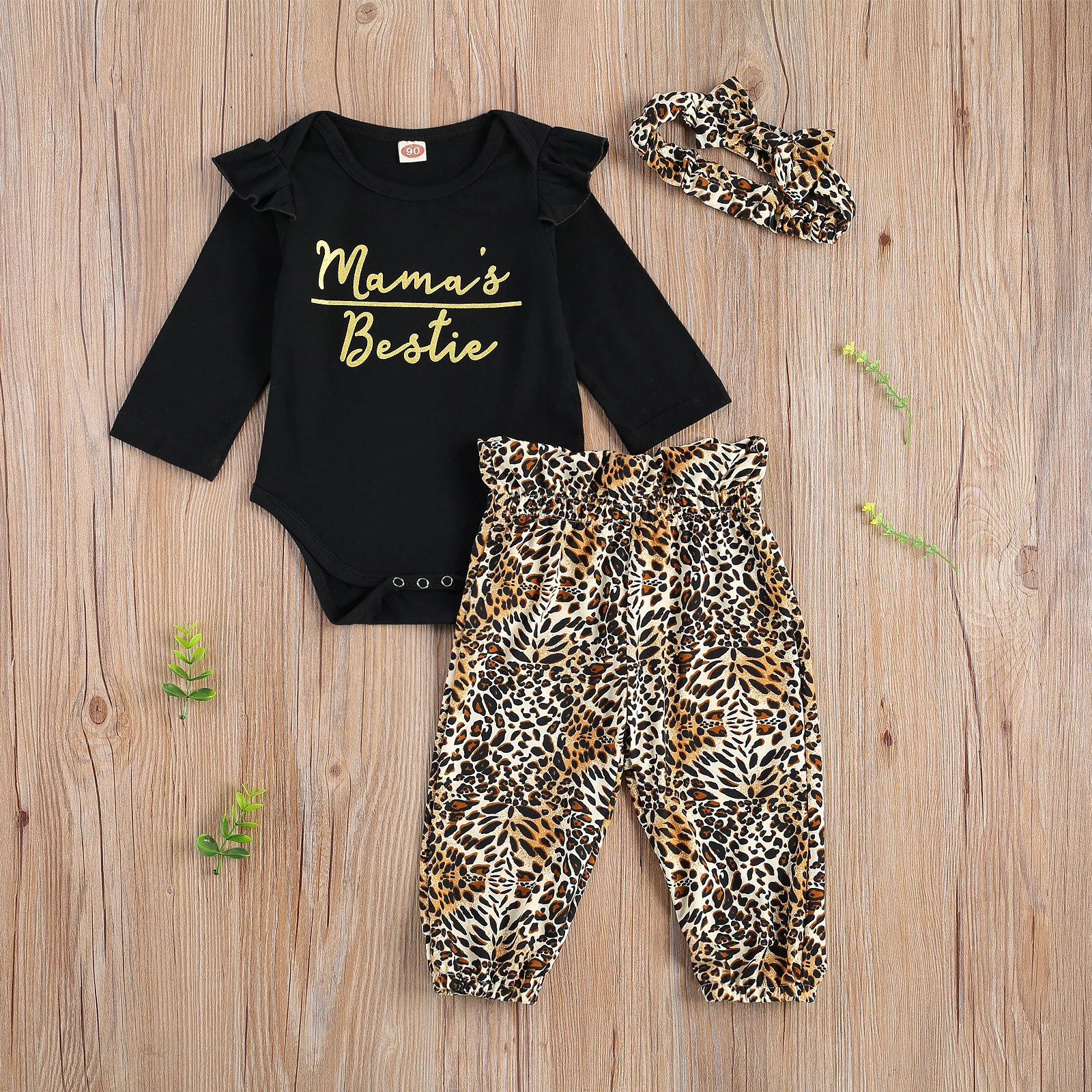 Novorozence Baby Girl Top Leopard Kalhoty Oblek O-Neck Prohrábnout Dlouhý Rukáv Tričko+Teplo Uvolněné Kalhoty+Bowknot Čelenka Oblečení 0-24M 0