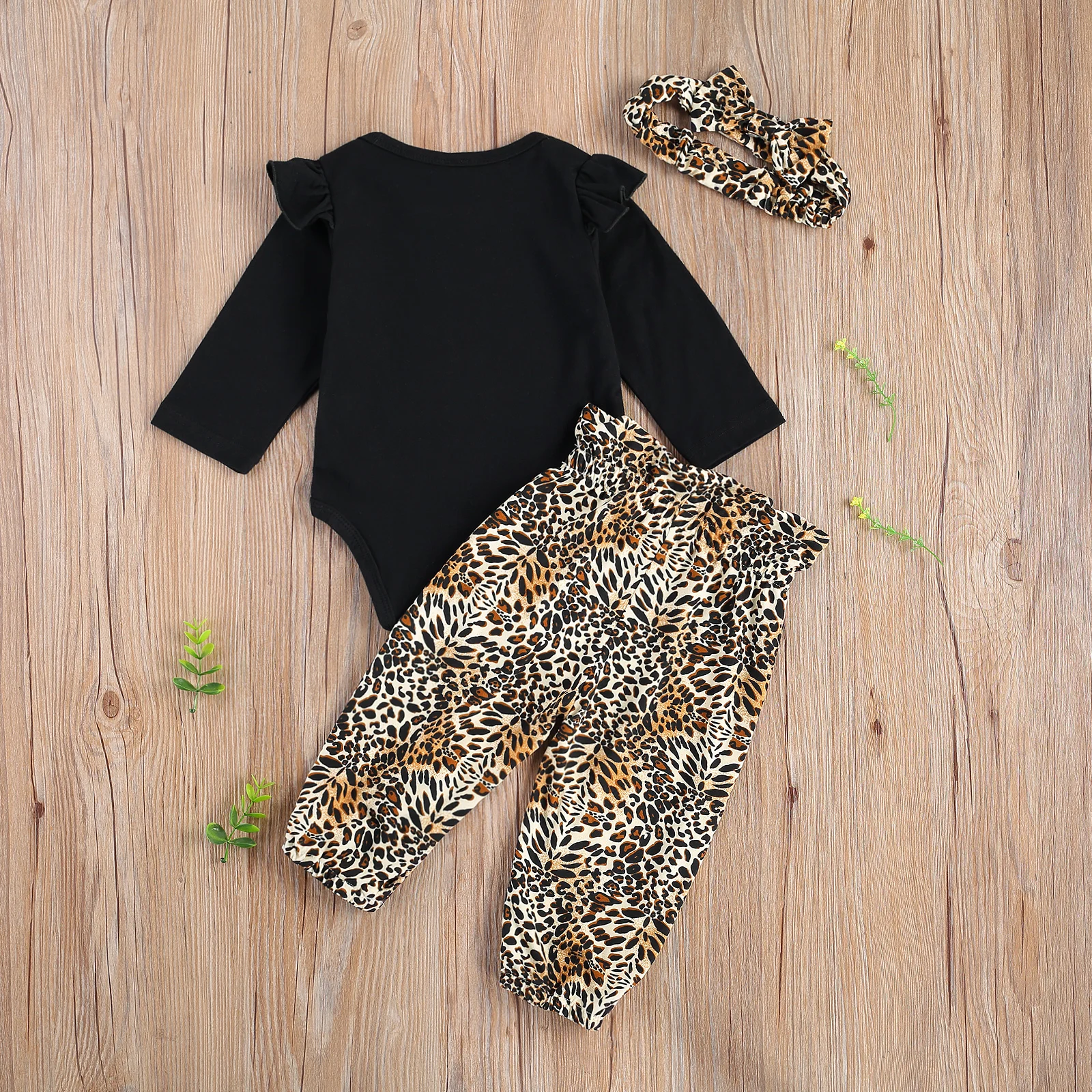 Novorozence Baby Girl Top Leopard Kalhoty Oblek O-Neck Prohrábnout Dlouhý Rukáv Tričko+Teplo Uvolněné Kalhoty+Bowknot Čelenka Oblečení 0-24M 3