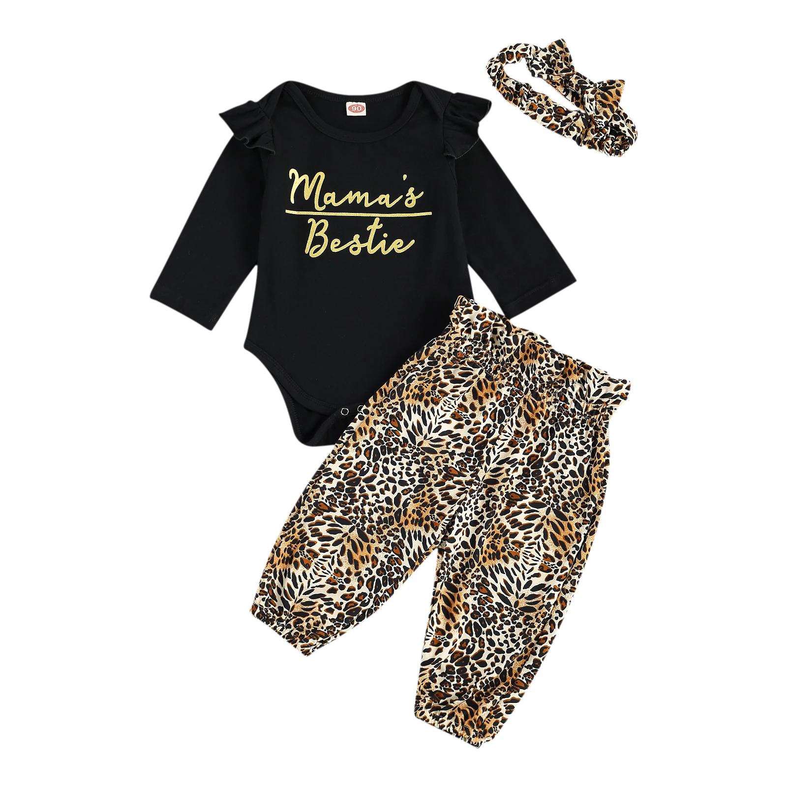 Novorozence Baby Girl Top Leopard Kalhoty Oblek O-Neck Prohrábnout Dlouhý Rukáv Tričko+Teplo Uvolněné Kalhoty+Bowknot Čelenka Oblečení 0-24M 4