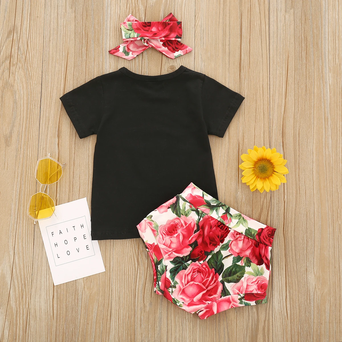 Novorozené dítě krátký rukáv dopis, topy, trička, kalhoty květiny luk čelenky batole dítě děti dívky oblečení sada 2ks 0-24M 2