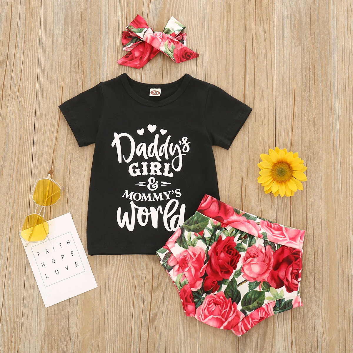 Novorozené dítě krátký rukáv dopis, topy, trička, kalhoty květiny luk čelenky batole dítě děti dívky oblečení sada 2ks 0-24M 5