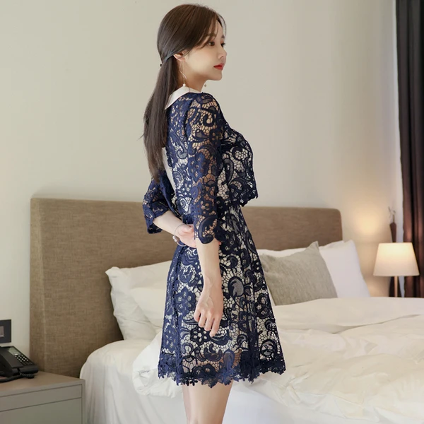 Nové Korea Dráhy Jaře Ženy Peter Pan Límec Tři Čtvrtletí Rukáv Krajkové Elegantní Výšivky Slim Office Line Šaty 5