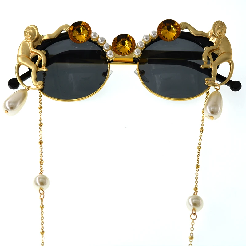 Nový design značky osobnost střapcem lupa opice pearl crystal retro kolo velký rám sluneční brýle, ženy, Dámy Sluneční skla 1