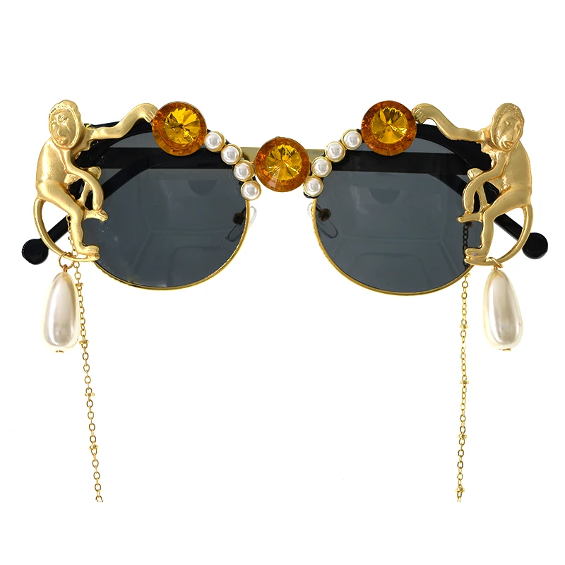Nový design značky osobnost střapcem lupa opice pearl crystal retro kolo velký rám sluneční brýle, ženy, Dámy Sluneční skla 2