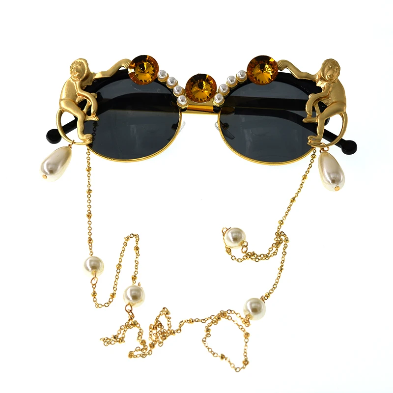 Nový design značky osobnost střapcem lupa opice pearl crystal retro kolo velký rám sluneční brýle, ženy, Dámy Sluneční skla 3