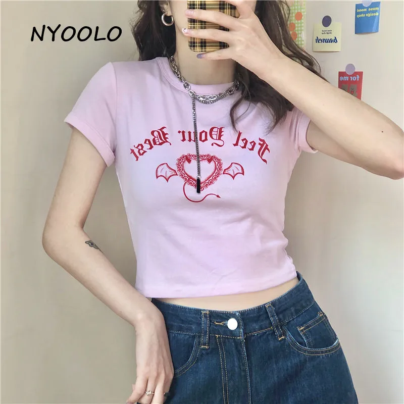 NYOOLO Harajuku styl, srdce, křídla Gotické dopisy tisk Slim krátký rukáv růžová tričko ženy 2020 létě O-neck tee shirt tops 1