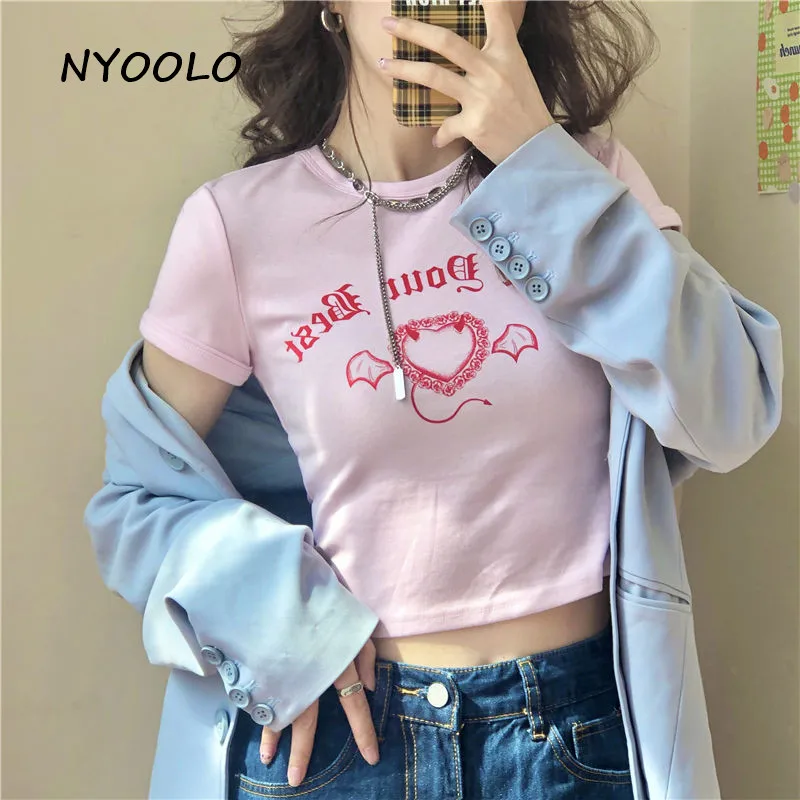 NYOOLO Harajuku styl, srdce, křídla Gotické dopisy tisk Slim krátký rukáv růžová tričko ženy 2020 létě O-neck tee shirt tops 3