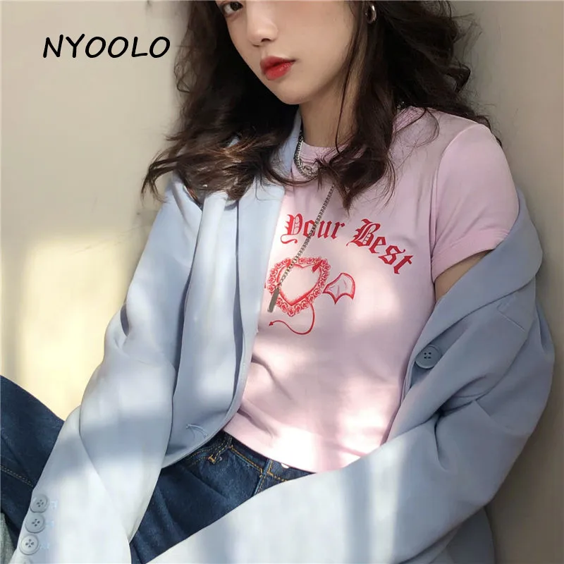 NYOOLO Harajuku styl, srdce, křídla Gotické dopisy tisk Slim krátký rukáv růžová tričko ženy 2020 létě O-neck tee shirt tops 4