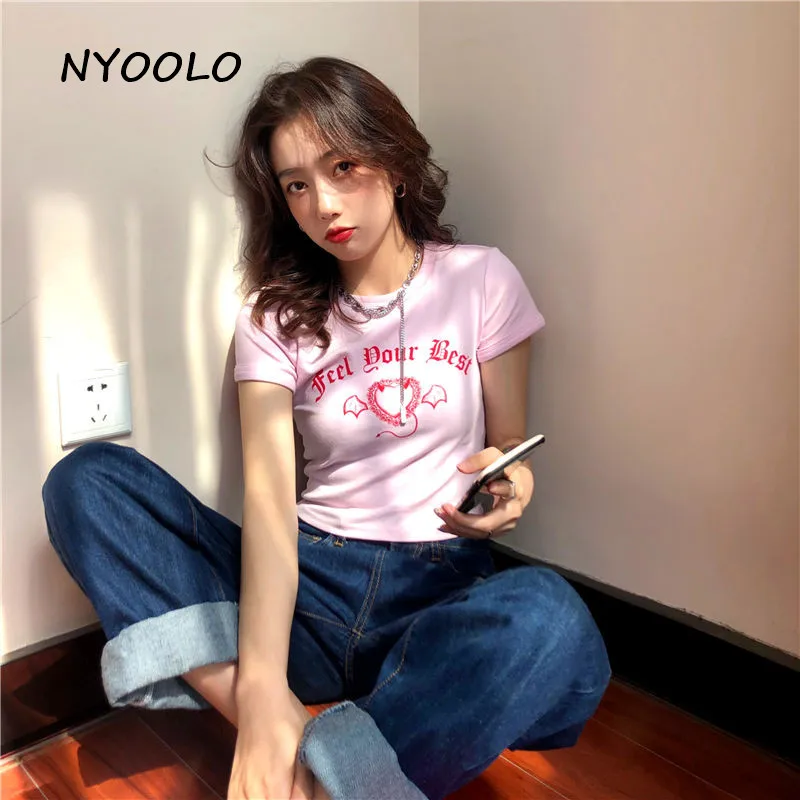 NYOOLO Harajuku styl, srdce, křídla Gotické dopisy tisk Slim krátký rukáv růžová tričko ženy 2020 létě O-neck tee shirt tops 5