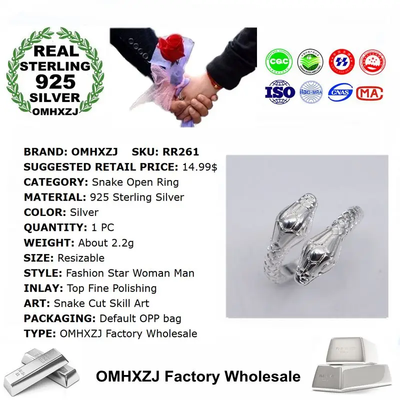 OMHXZJ Velkoobchodní Evropské Módní Ženy, Muže, Svatební Party Dárek Stříbrný Had Otevřít 925 Mincovní Stříbro Prsten RR261 1