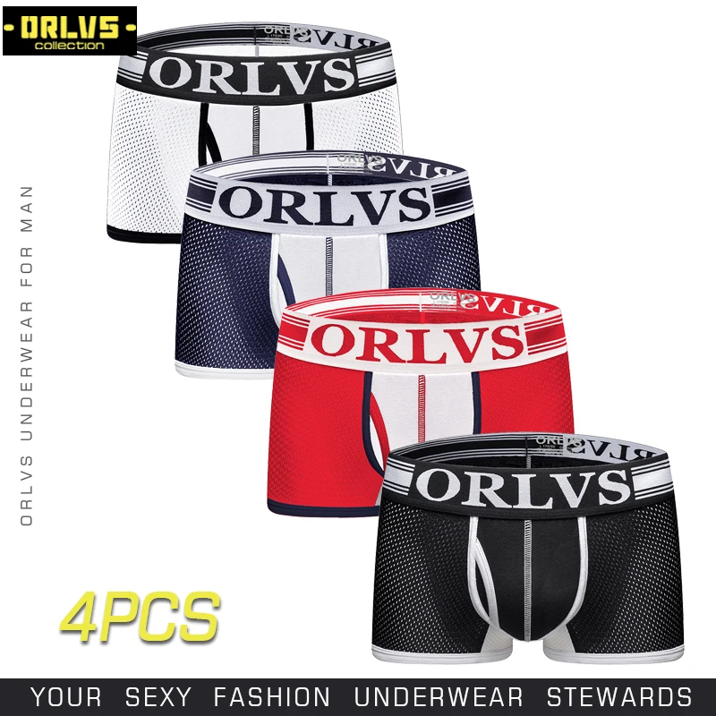 ORLVS 4PC/LOT Značky Sexy Muži spodní Prádlo Mužské Boxerky, Pohodlné Slipy Bavlněné Prodyšné Rychlé Suché Mesh Pánské Pyžama krátké kalhoty 0