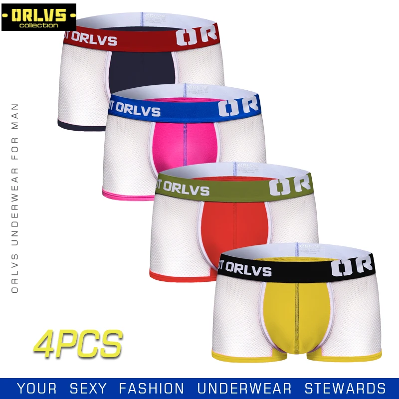 ORLVS 4PC/LOT Značky Sexy Muži spodní Prádlo Mužské Boxerky, Pohodlné Slipy Bavlněné Prodyšné Rychlé Suché Mesh Pánské Pyžama krátké kalhoty 4