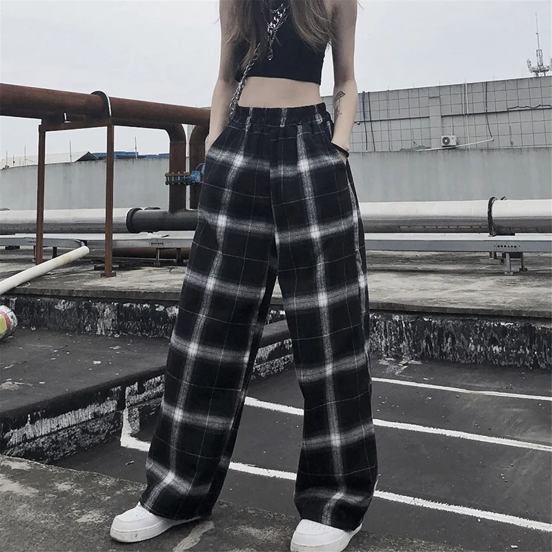 Pase kostkované kalhoty ženy vysokým pasem širokou nohu Kalhoty Ležérní ženské korejské běžkyně punk kalhoty dámské oblečení gothic 0