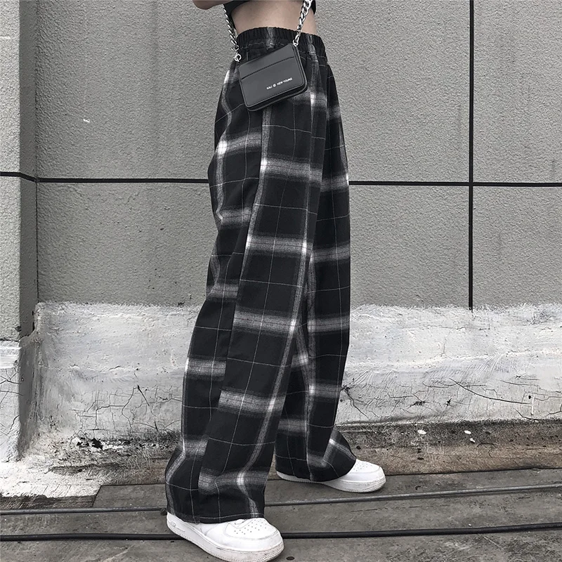 Pase kostkované kalhoty ženy vysokým pasem širokou nohu Kalhoty Ležérní ženské korejské běžkyně punk kalhoty dámské oblečení gothic 1